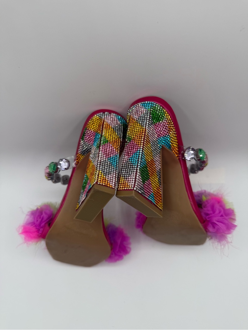 Betsey Johnson Attica Rhinestone Pink Embellished Sandals Pom Pom Statement Mule - Picture 8 of 17